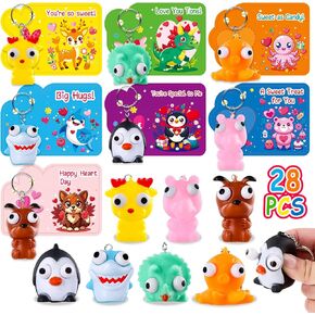 MGparty 28 Pack Valentine‘s Day Popping Eye Toy with Cards, Bulk Animal Fidget Toy Keychains for Kids School Classroom Valentines Exchange Gifts