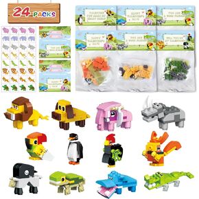 24 Packs Valentines Day Gifts for Kids School, Sea Animal Building Blocks with Valentines Cards for Kids Classroom, Class Gifts Exchange, Party Favors for Kids Boys Girls Friendsine's Greeting Cards