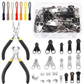 Hilitchi 144Pcs #3#5#8 Zipper Repair Kit Includes Single Pull Zippers, Double Pull Zippers, Zip Bottom Stop and Top Stop, Colorful Zipper Pulls and Pliers, Nylon Coil Zipper Set for Sewing