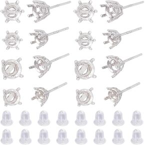 4 Pairs 925 Sterling Silver Prong Earring Settings Platinum 6 Claws Blank Earring Post Rhinestone Claw Earring Component with 50pcs Plastic Ear Nuts for Earring Jewelry Making, Pin: 0.9mm