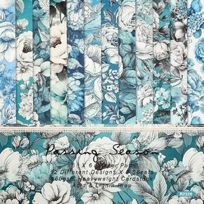 24 Sheets Blue Flower Scrapbook Paper, 6 Inch Vintage Floral Pattern Paper Single-Sided Decorative Craft Paper for Card Making DIY Photo Album Journaling Supplies (R2320)
