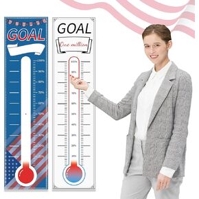 2 Pcs Fundraising Thermometer Goal Chart Tracker Decal - 39" x 10" Dry Erase Goal Setter Board Goal Chart - Setting Wall Poster Mounted Thermometer Goal Chart with 8 Magnetic Blocks