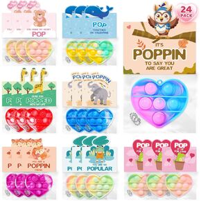24 Pack Valentines Cards with Heart-shape Keychains, Valentines Day Gifts for Kids, Pop Fidget Toys for Valentines Kids Classroom Exchange, Valentine's Party Favors Prizes for Boys & Girls(8 Styles)
