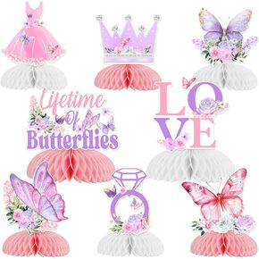 JOYMEMO 8 Pieces Butterfly Bridal Shower Honeycomb Centerpieces - Pink Purple Lifetime of Butterflies Bridal Shower Decorations, Floral Butterflies Bachelorette Table Toppers for Engagement Wedding