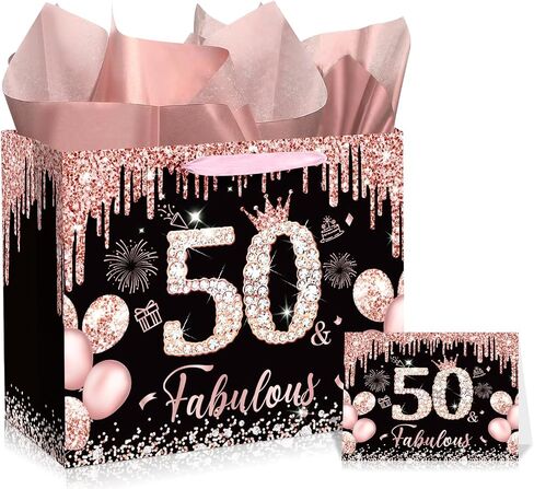 Rocky & Chao Black Rose Gold 50 & Fabulous 50th Hide Home Gift for Women ، Happy Sweet 50th Home Gift Bag مع بطاقة ورق التغليف الخمسين لعيد الميلاد لزخارف عيد الميلاد الخمسين لوازم حفلة in Kuwait