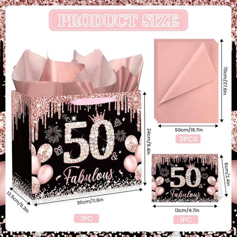 Rocky & Chao Black Rose Gold 50 & Fabulous 50th Hide Home Gift for Women ، Happy Sweet 50th Home Gift Bag مع بطاقة ورق التغليف الخمسين لعيد الميلاد لزخارف عيد الميلاد الخمسين لوازم حفلة in Kuwait