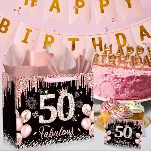 Rocky & Chao Black Rose Gold 50 & Fabulous 50th Hide Home Gift for Women ، Happy Sweet 50th Home Gift Bag مع بطاقة ورق التغليف الخمسين لعيد الميلاد لزخارف عيد الميلاد الخمسين لوازم حفلة in Kuwait
