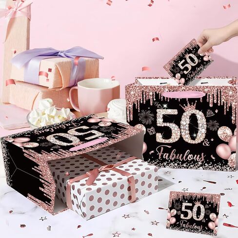 Rocky & Chao Black Rose Gold 50 & Fabulous 50th Hide Home Gift for Women ، Happy Sweet 50th Home Gift Bag مع بطاقة ورق التغليف الخمسين لعيد الميلاد لزخارف عيد الميلاد الخمسين لوازم حفلة in Kuwait