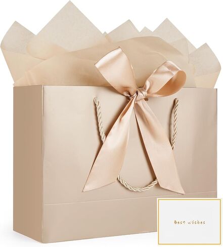 Gfractolux Large Gift Bags for Present, 1 Pcs Gift Bags for Women Men with Tissue Paper and Cards, Gift Bags for Birthdays, Baby Shower, Wedding, Anniversary 14.2" x 9.8" x 4.7" (Black- Gold) in Saudi Arabia
