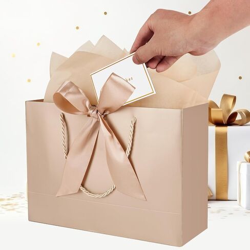 Gfractolux Large Gift Bags for Present, 1 Pcs Gift Bags for Women Men with Tissue Paper and Cards, Gift Bags for Birthdays, Baby Shower, Wedding, Anniversary 14.2" x 9.8" x 4.7" (Black- Gold) in Saudi Arabia