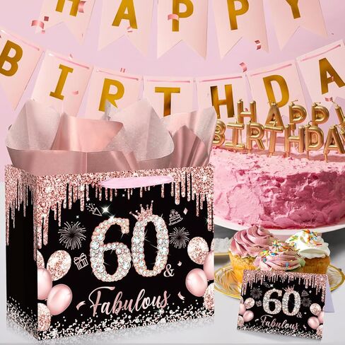 Rocky & Chao Black Rose Gold 50 & Fabulous 50th Hide Home Gift for Women ، Happy Sweet 50th Home Gift Bag مع بطاقة ورق التغليف الخمسين لعيد الميلاد لزخارف عيد الميلاد الخمسين لوازم حفلة in Kuwait