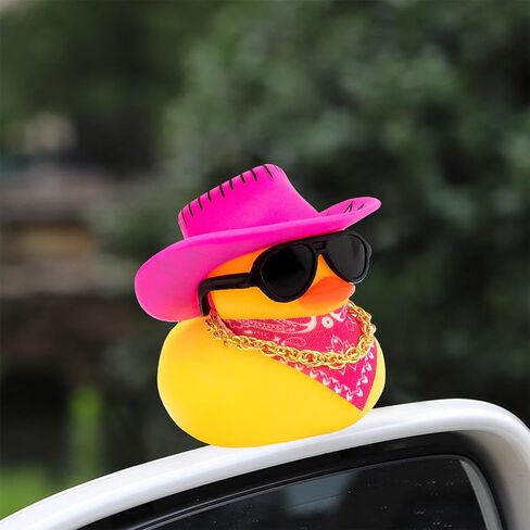 wonuu Car Decorations Stripe Cowboy Hat Rubber Ducks, Dashboard Rubber Ducky for Car Ornament Cute Duck with Hat, Glasses, Necklace, Scarf, Pink in Saudi Arabia