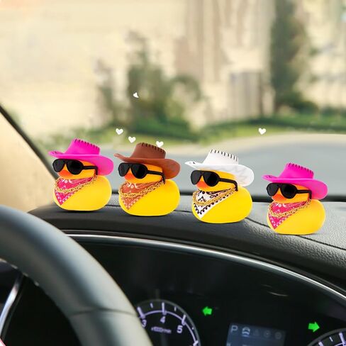 wonuu Car Decorations Stripe Cowboy Hat Rubber Ducks, Dashboard Rubber Ducky for Car Ornament Cute Duck with Hat, Glasses, Necklace, Scarf, Pink in Saudi Arabia