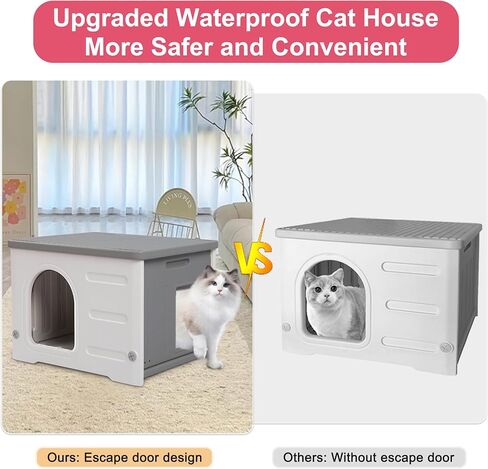 Rockever Plastic Cat House Outdoor with Escape Door, Waterproof Feral Cat House Outdoor Indoor, Sturdy Cat House for Outdoor Cats with Cat Bed Mat, Assemble Easily-Grey in Kuwait