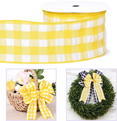 2.5" X 10 Yards Yellow and White Buffalo Plaid Wired Ribbon, Spring Yellow Check Farmhouse Craft Ribbon for DIY Gift Wrapping Wreath Spring Holiday Easter Tree Bow Decoration in Saudi Arabia