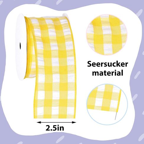 2.5" X 10 Yards Yellow and White Buffalo Plaid Wired Ribbon, Spring Yellow Check Farmhouse Craft Ribbon for DIY Gift Wrapping Wreath Spring Holiday Easter Tree Bow Decoration in Saudi Arabia