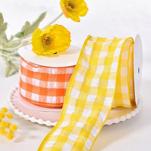 2.5" X 10 Yards Yellow and White Buffalo Plaid Wired Ribbon, Spring Yellow Check Farmhouse Craft Ribbon for DIY Gift Wrapping Wreath Spring Holiday Easter Tree Bow Decoration in Saudi Arabia
