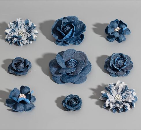 9 PCS Denim Fabric Flower Shape Patch Set，Denim Ribbon Fabric Flowers for Dresses，Denim and Flower Decorations Crafts for Party (Dark Blue) in Saudi Arabia