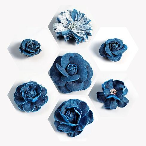 9 PCS Denim Fabric Flower Shape Patch Set，Denim Ribbon Fabric Flowers for Dresses，Denim and Flower Decorations Crafts for Party (Dark Blue) in Saudi Arabia