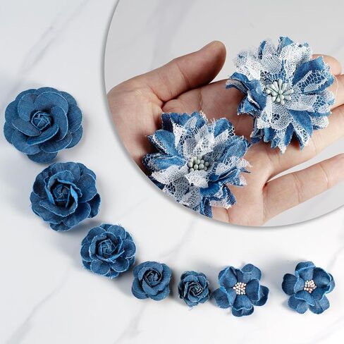 9 PCS Denim Fabric Flower Shape Patch Set，Denim Ribbon Fabric Flowers for Dresses，Denim and Flower Decorations Crafts for Party (Dark Blue) in Saudi Arabia