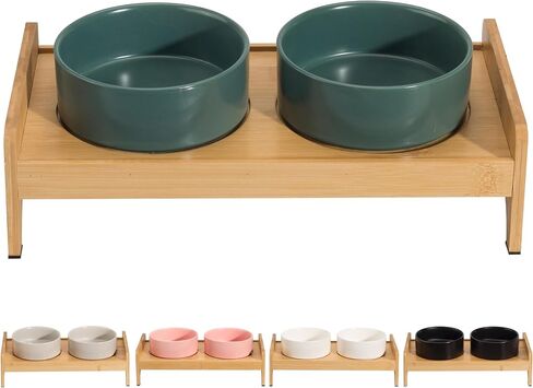 Elevated Ceramic Dog Bowl Set - Double Dog Bowls with Bamboo Stand Anti Vomiting - Raised Dog Food and Water Bowl Set - Dog Feeding Bowls - Fit for Small and Medium Sized Dogs - 28.74 OZ - 3.6 Cups in Saudi Arabia
