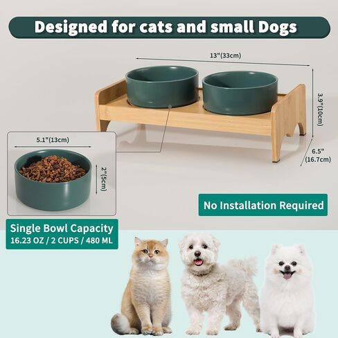 Elevated Ceramic Dog Bowl Set - Double Dog Bowls with Bamboo Stand Anti Vomiting - Raised Dog Food and Water Bowl Set - Dog Feeding Bowls - Fit for Small and Medium Sized Dogs - 28.74 OZ - 3.6 Cups in Saudi Arabia