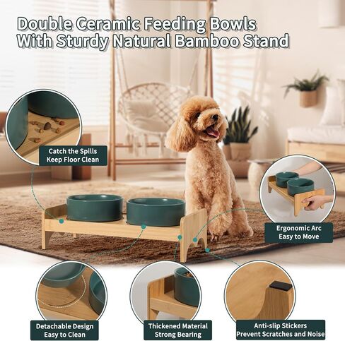 Elevated Ceramic Dog Bowl Set - Double Dog Bowls with Bamboo Stand Anti Vomiting - Raised Dog Food and Water Bowl Set - Dog Feeding Bowls - Fit for Small and Medium Sized Dogs - 28.74 OZ - 3.6 Cups in Saudi Arabia