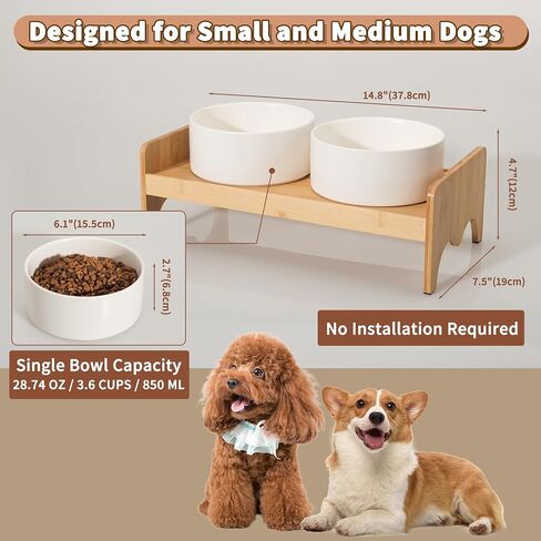 Elevated Ceramic Dog Bowl Set - Double Dog Bowls with Bamboo Stand Anti Vomiting - Raised Dog Food and Water Bowl Set - Dog Feeding Bowls - Fit for Small and Medium Sized Dogs - 28.74 OZ - 3.6 Cups in Saudi Arabia