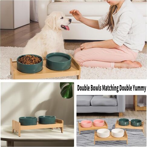 Elevated Ceramic Dog Bowl Set - Double Dog Bowls with Bamboo Stand Anti Vomiting - Raised Dog Food and Water Bowl Set - Dog Feeding Bowls - Fit for Small and Medium Sized Dogs - 28.74 OZ - 3.6 Cups in Saudi Arabia