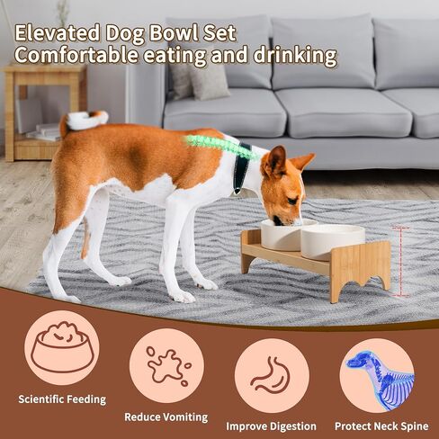Elevated Ceramic Dog Bowl Set - Double Dog Bowls with Bamboo Stand Anti Vomiting - Raised Dog Food and Water Bowl Set - Dog Feeding Bowls - Fit for Small and Medium Sized Dogs - 28.74 OZ - 3.6 Cups in Saudi Arabia
