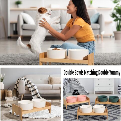 Elevated Ceramic Dog Bowl Set - Double Dog Bowls with Bamboo Stand Anti Vomiting - Raised Dog Food and Water Bowl Set - Dog Feeding Bowls - Fit for Small and Medium Sized Dogs - 28.74 OZ - 3.6 Cups in Saudi Arabia
