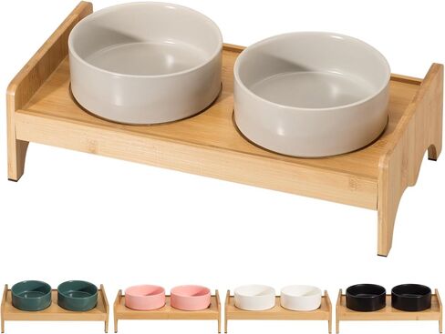 Elevated Ceramic Dog Bowl Set - Double Dog Bowls with Bamboo Stand Anti Vomiting - Raised Dog Food and Water Bowl Set - Dog Feeding Bowls - Fit for Small and Medium Sized Dogs - 28.74 OZ - 3.6 Cups in Saudi Arabia