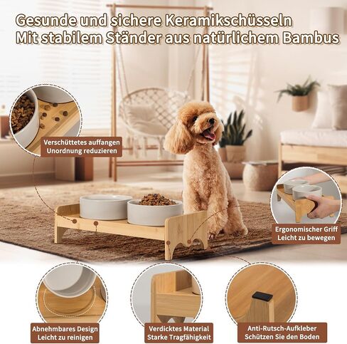 Elevated Ceramic Dog Bowl Set - Double Dog Bowls with Bamboo Stand Anti Vomiting - Raised Dog Food and Water Bowl Set - Dog Feeding Bowls - Fit for Small and Medium Sized Dogs - 28.74 OZ - 3.6 Cups in Saudi Arabia