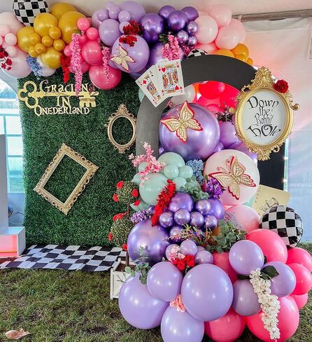 Alice in Wonderland Balloon Garland Arch Kit ، 163pc البالونات الأرجواني الوردي قوس قزح مع البالونات الشطرنج لحفل الشاي الربيعي OneDerland عيد ميلاد ديكورات حفلة استحمام الطفل in Kuwait
