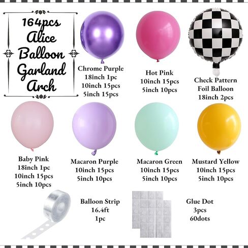 Alice in Wonderland Balloon Garland Arch Kit ، 163pc البالونات الأرجواني الوردي قوس قزح مع البالونات الشطرنج لحفل الشاي الربيعي OneDerland عيد ميلاد ديكورات حفلة استحمام الطفل in Kuwait