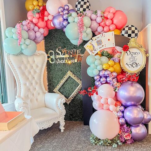 Alice in Wonderland Balloon Garland Arch Kit ، 163pc البالونات الأرجواني الوردي قوس قزح مع البالونات الشطرنج لحفل الشاي الربيعي OneDerland عيد ميلاد ديكورات حفلة استحمام الطفل in Kuwait