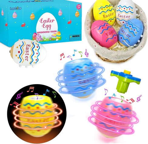 Easter Eggs Basket Stuffers Toys Gifts for Toddler Boys Girls,4 Pack Light up Spinning Tops with Music, Non Candy Easter Egg Hunt Party Favor Supplies Goodie Treat Bag Fillers Classroom Prize for Kids in Kuwait