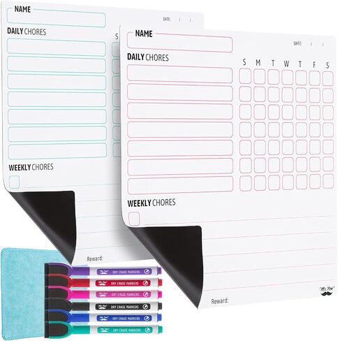 Mr. Pen Magnetic Dry Eraser Chore Board for Multiple Kids, 2 Pack with 6 Eraser Cap Markers, Refrigerator Magnetic Chore Chart in Saudi Arabia