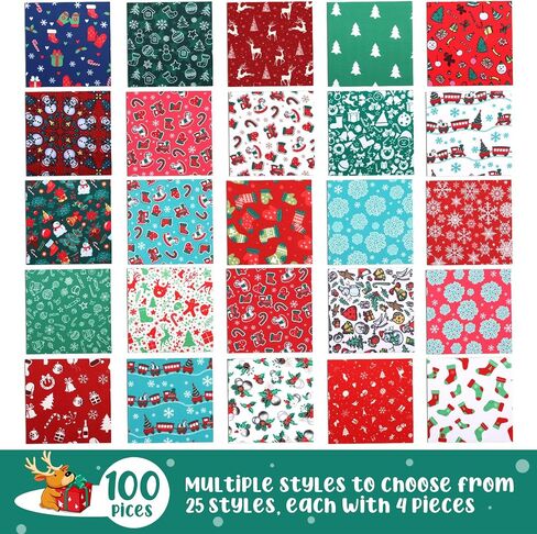 Preboun 100 Pcs 5 x 5 Inches Christmas Fabric Square Quilting Fabric Squares Bundle Sewing 25 Different Christmas Patterns Precut Polyester Patchwork for DIY Christmas Sewing Crafting Supplies in Saudi Arabia