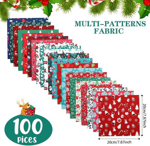 Preboun 100 Pcs 5 x 5 Inches Christmas Fabric Square Quilting Fabric Squares Bundle Sewing 25 Different Christmas Patterns Precut Polyester Patchwork for DIY Christmas Sewing Crafting Supplies in Saudi Arabia