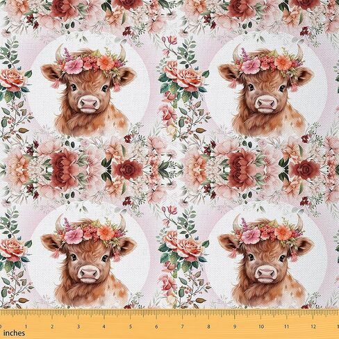 Feelyou Cute Highland Cow Fabric by The Yard 1 Yard Cartoon Animal Decorative Waterproof Outdoor Fabric Flower Floral Print Upholstery Fabric for Chairs Farm Zoo Garden Theme DIY Reupholstery Fabric in Kuwait