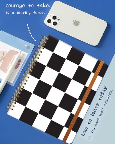 Ruled Spiral Writing Notebook,A5 Hardcover Lined College Journal for Women Lady,Fashion Puppy Watercolor Strong Twin-Wire Binding with Premium Paper,8.4" X 6",Perfect for School,Office,Home Gifts(Black White Checker) in Kuwait