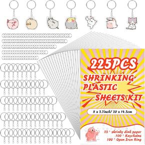 225PCS Shrinky Dinks Kits,Shrinky Dink Sheets,Shrink Plastic Sheets Kit with 25PCS Shrinky Dink Paper,100PCS Keychains and Open Iron Ring for Kids Creative Craft Marking, Handprint Keychains