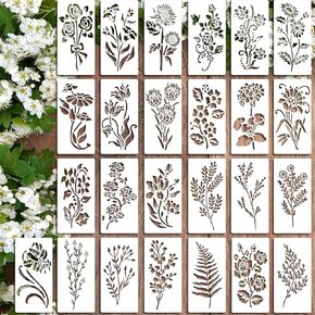 25Pcs Wildflower Stencils Flower Leaf Painting Stencils Botanical Flower Stencils Tiny Vine Leaf Plastic Art Drawing Templates DIY Crafts Plant Stencil for Painting on Wood Wall Door Canvas 3x6inch