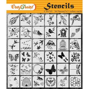 CrafTreat Reusable 36 Pieces Butterfly Stencils for Painting (3x3), Stencils for Crafts, Beautiful Design Stencils for Painting on Wood, Clothes, Wall, Furniture, Home Décor