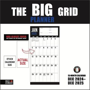 RED EMBER The Big Grid Planner 2025 Wall Calendar 12 Month | 12" x 24" Open | Thick & Sturdy Paper | Giftable | Calendar 2025