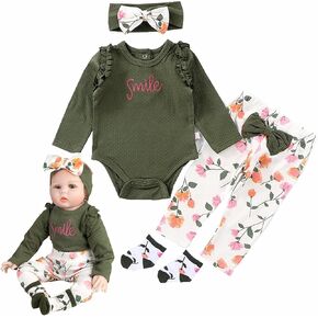 Olive Green Floral Print 4pcs Set Reborn Baby Dolls Clothes Girl 22 inch for 20-22 inch Reborn Baby Girl Doll Clothes