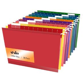 ViVin 20 Pack Letter Size Hanging File Folders with 20 Per Box, 1/5-Cut Adjustable Tabs, 2 Inch Expansion, Hanging Folders Designed for Office Bulky Files, Filing Cabinets(Multicolored)
