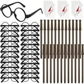 RUODON 72 Pieces Wizard Party Favors Set 24 Wand Pencils 24 Wizard Glasses with Round Frame No Lenses 24 Lightning Bolt Tattoos for Wizard Theme Party Supplies Birthday School Cosplay Decor