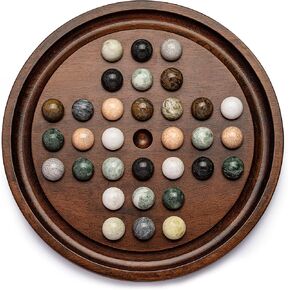 Deluxe Solitaire Game Set: 12.6'' Solid Wooden Board, 32 Natural Marble Balls, Single-Player Strategy and Smart Games